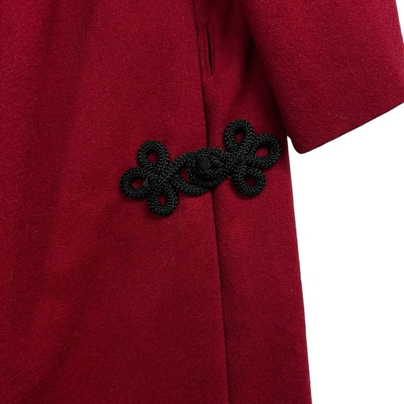 Vintage 1960s Handmade Couture Wool Dress Crimson Red w/ Black Frog Closures - Picture 4 of 13